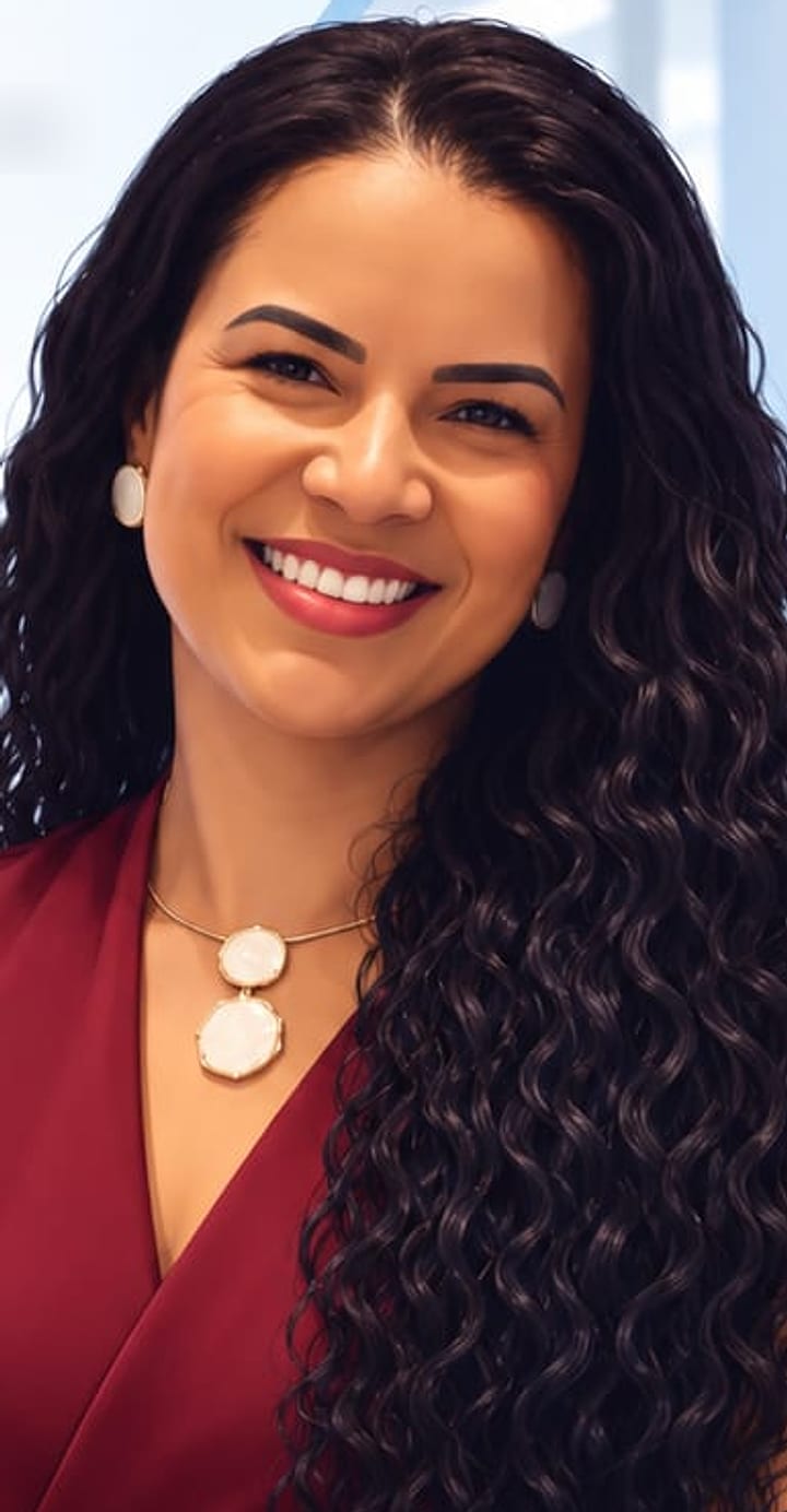 Retrato de Deusiane Negrão, consultora em gestão em saúde, sorrindo, com blusa vinho e colar.